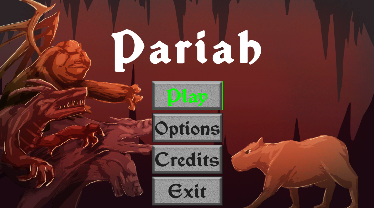A main menu screen showing a capybara fending off three monsters